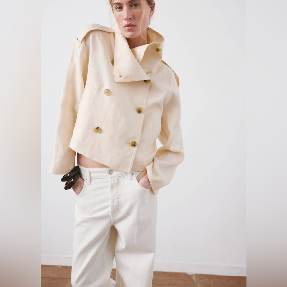 NWT MANGO Funnel-Neck Linen Trench Coat in Ecru